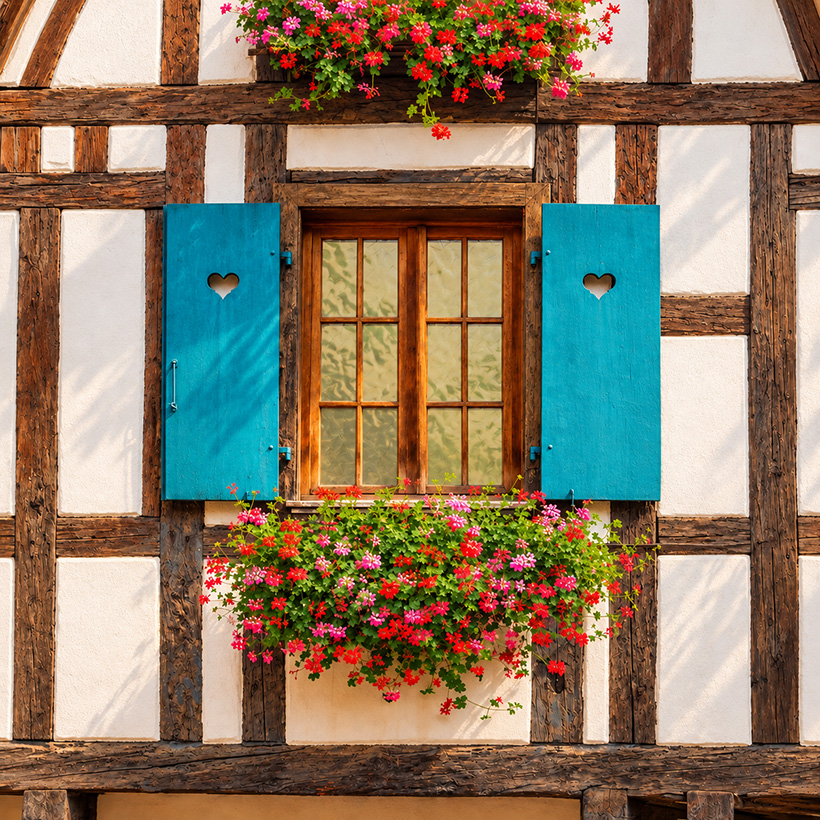 Geraniums decorating an Alsatian house