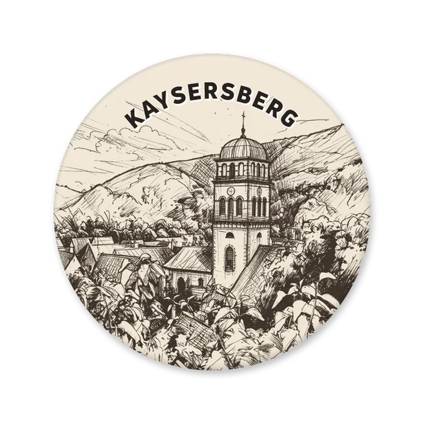Kaysersberg church tower and mountains