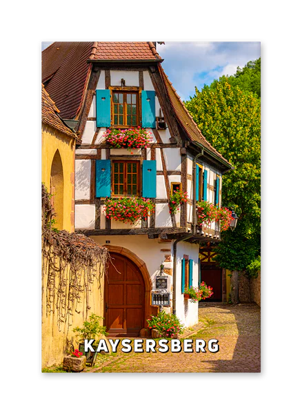 Half-timbered house with blue shutters