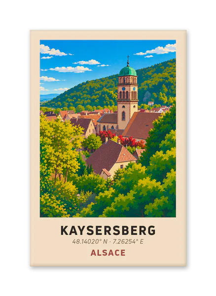 Kaysersberg church tower among greenery