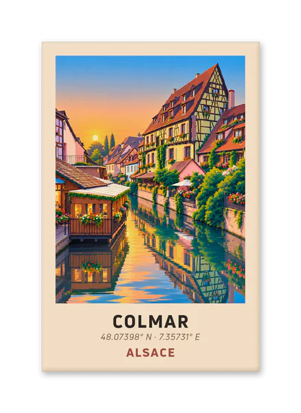 Flower-filled canal in Colmar at sunset