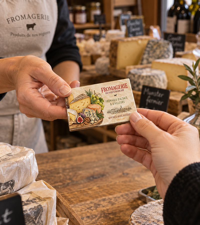 A cheesemonger handing a custom Fromagerie magnet to a customer