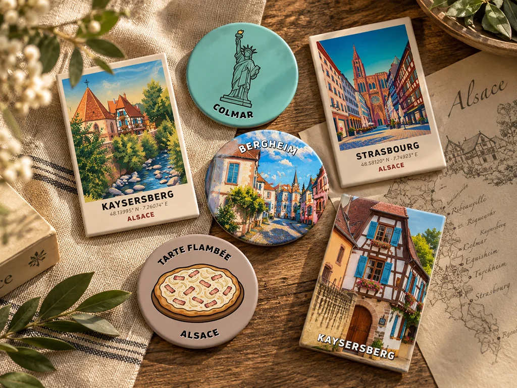 Selection of FLÂNE designer souvenir magnets inspired by Alsace.