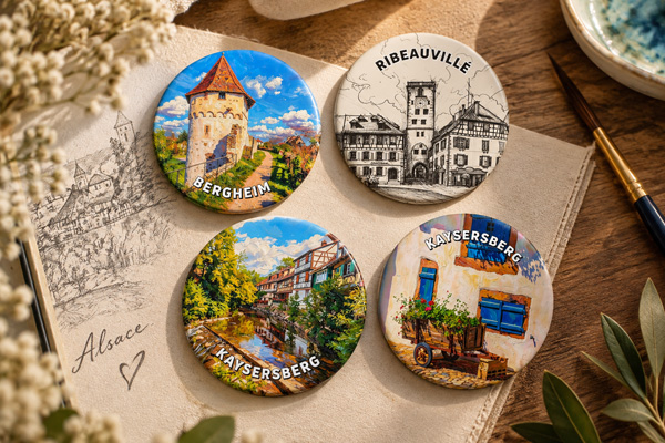 Round illustrated magnets of picturesque Alsace villages