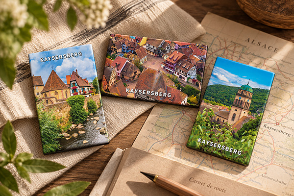 Illustrated Alsace souvenir magnets in a travel poster style