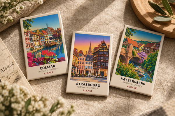 A collection of illustrated Alsace place magnets