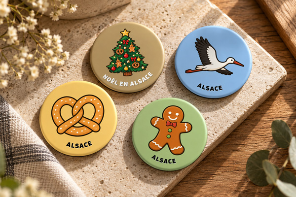 Round souvenir magnets featuring symbols of Alsace