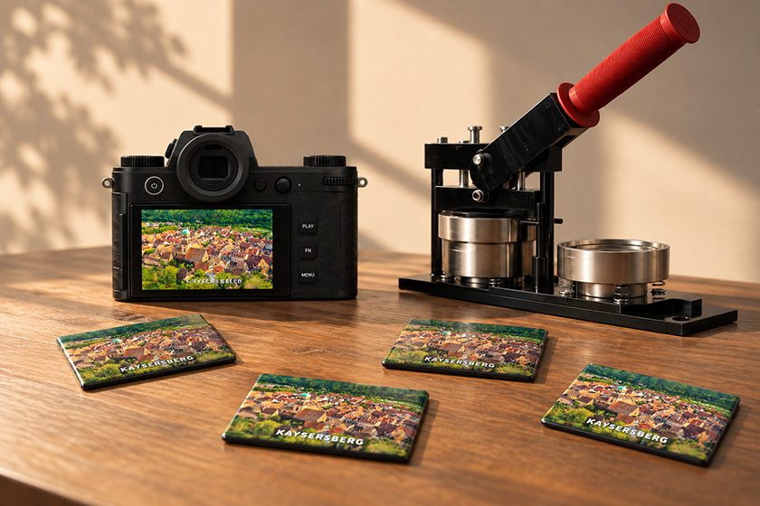 Camera and magnet press on a worktable during the Flâne production process