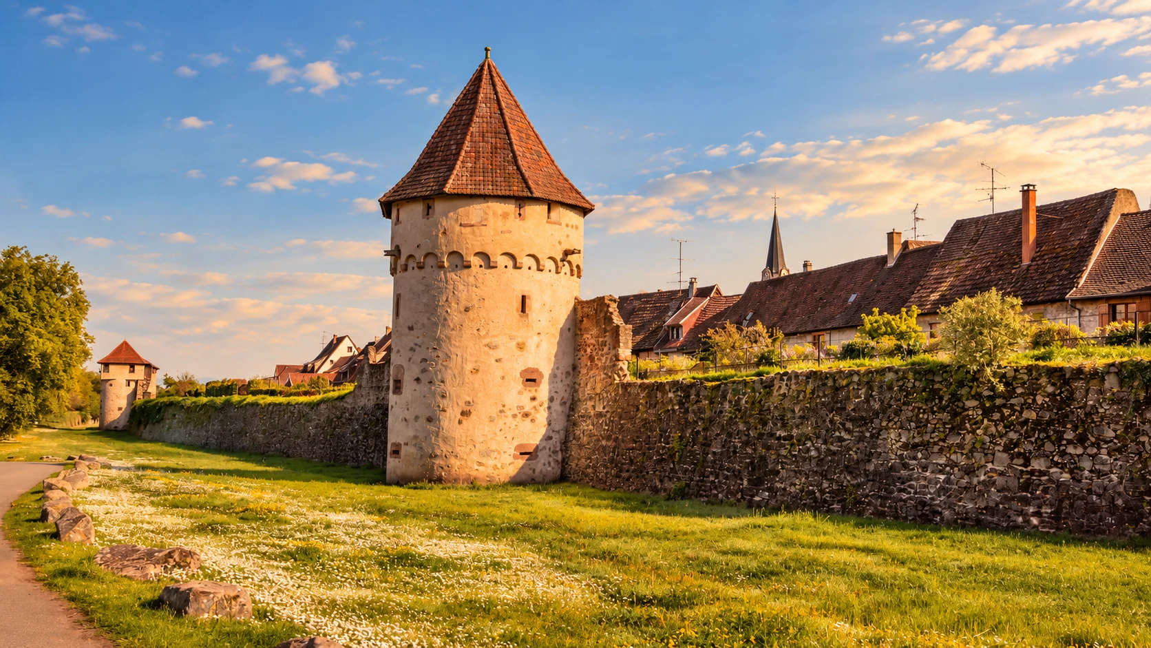 Medieval town walls of Bergheim in Alsace, with historic defensive towers and red-tiled roofs beneath a blue sky.