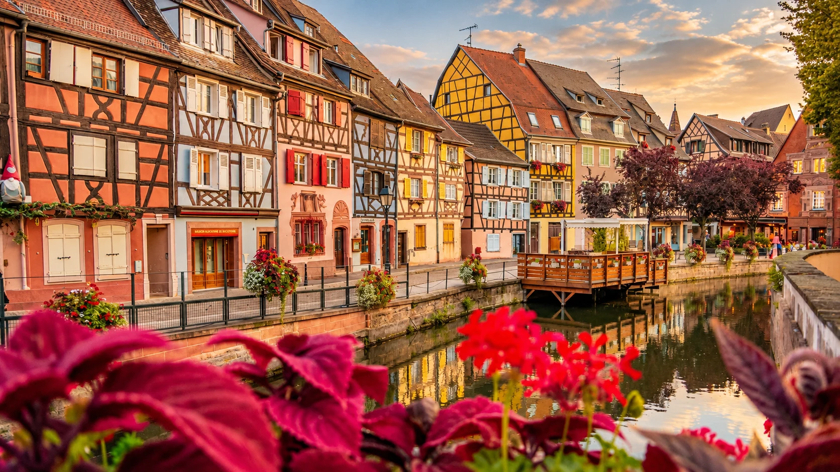 Colorful half-timbered houses along the Lauch canal in Colmar’s Little Venice district, Alsace, with flowers and reflections in the water.