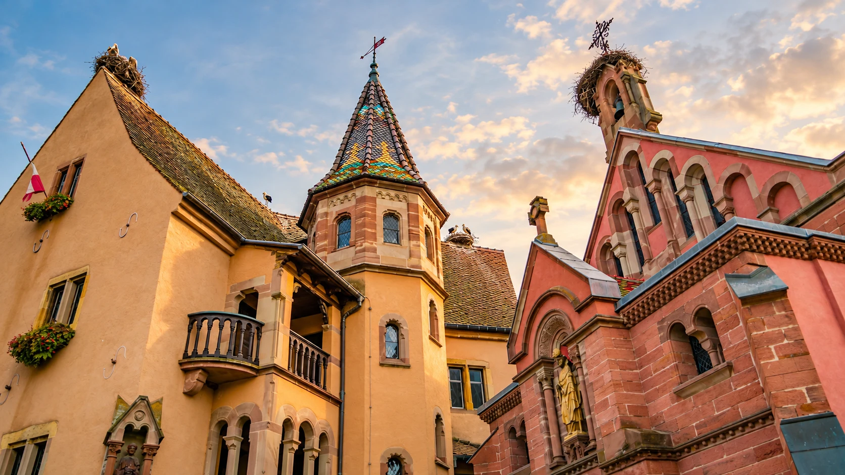 Historic architecture in Eguisheim, Alsace, with a tower featuring colorful roof tiles, a pink sandstone chapel and stork nests on the rooftops.