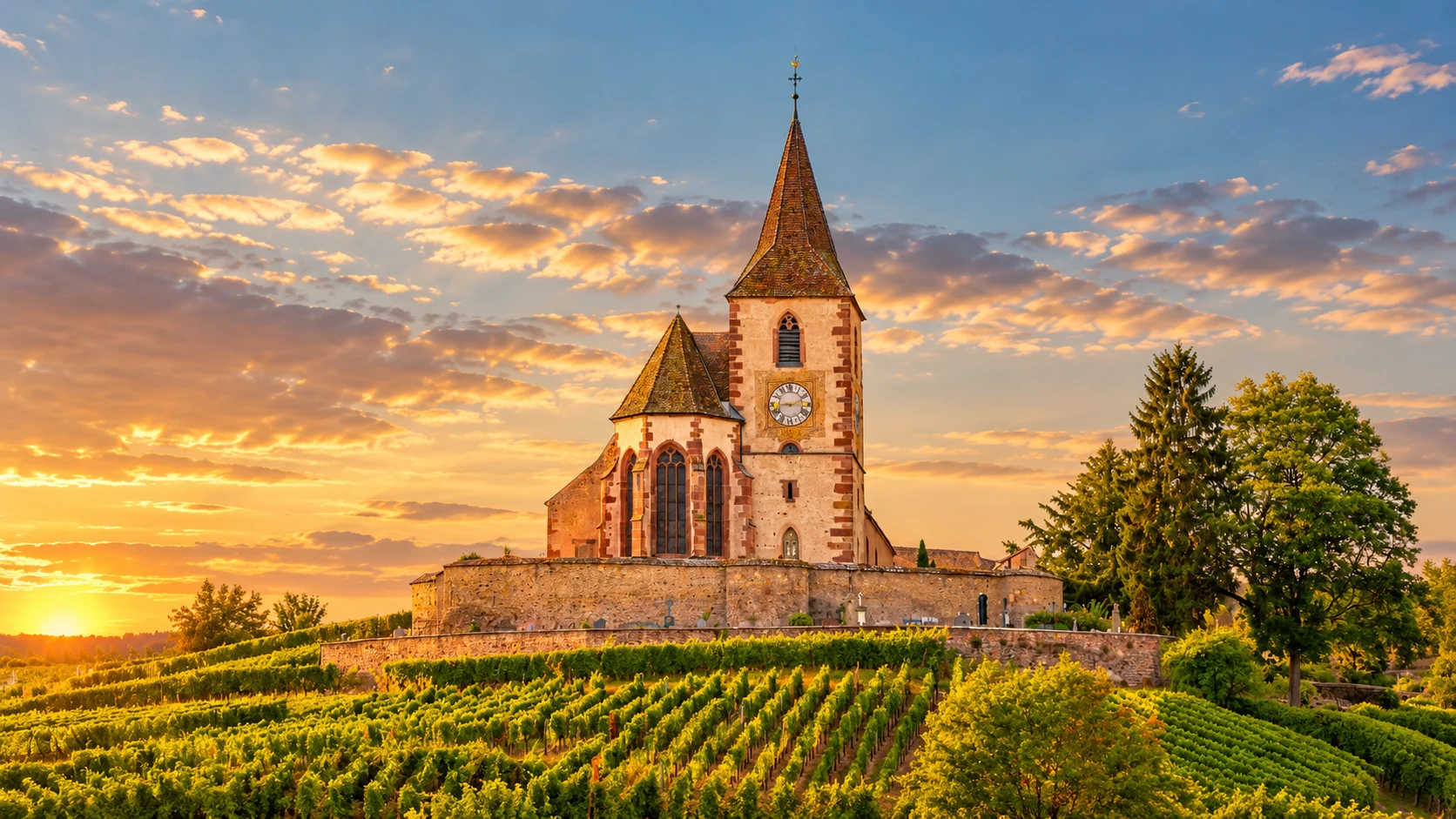 The fortified Saint-Jacques-le-Majeur Church in Hunawihr, surrounded by Alsatian vineyards beneath a cloudy sky.
