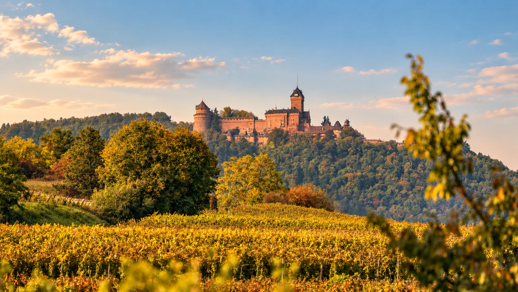 Haut-Koenigsbourg Castle overlooking wooded hills and vineyards in autumn colors, Alsace, France.