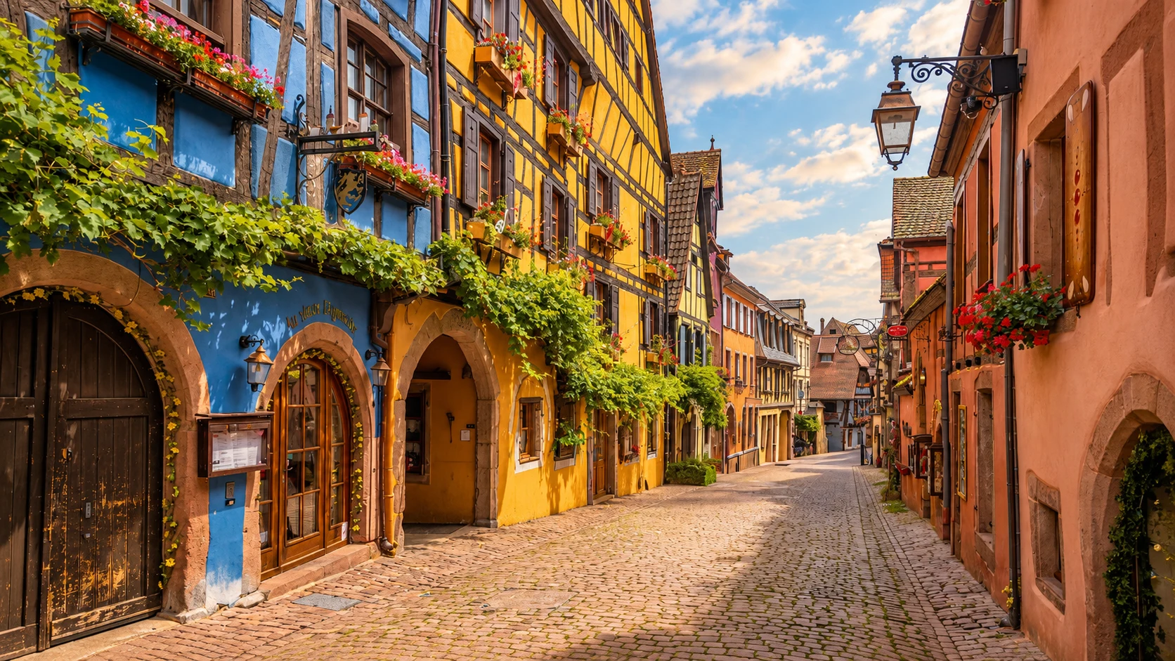 Cobblestone street in Riquewihr, Alsace, lined with blue and yellow half-timbered houses, flower-filled façades and traditional shop signs.
