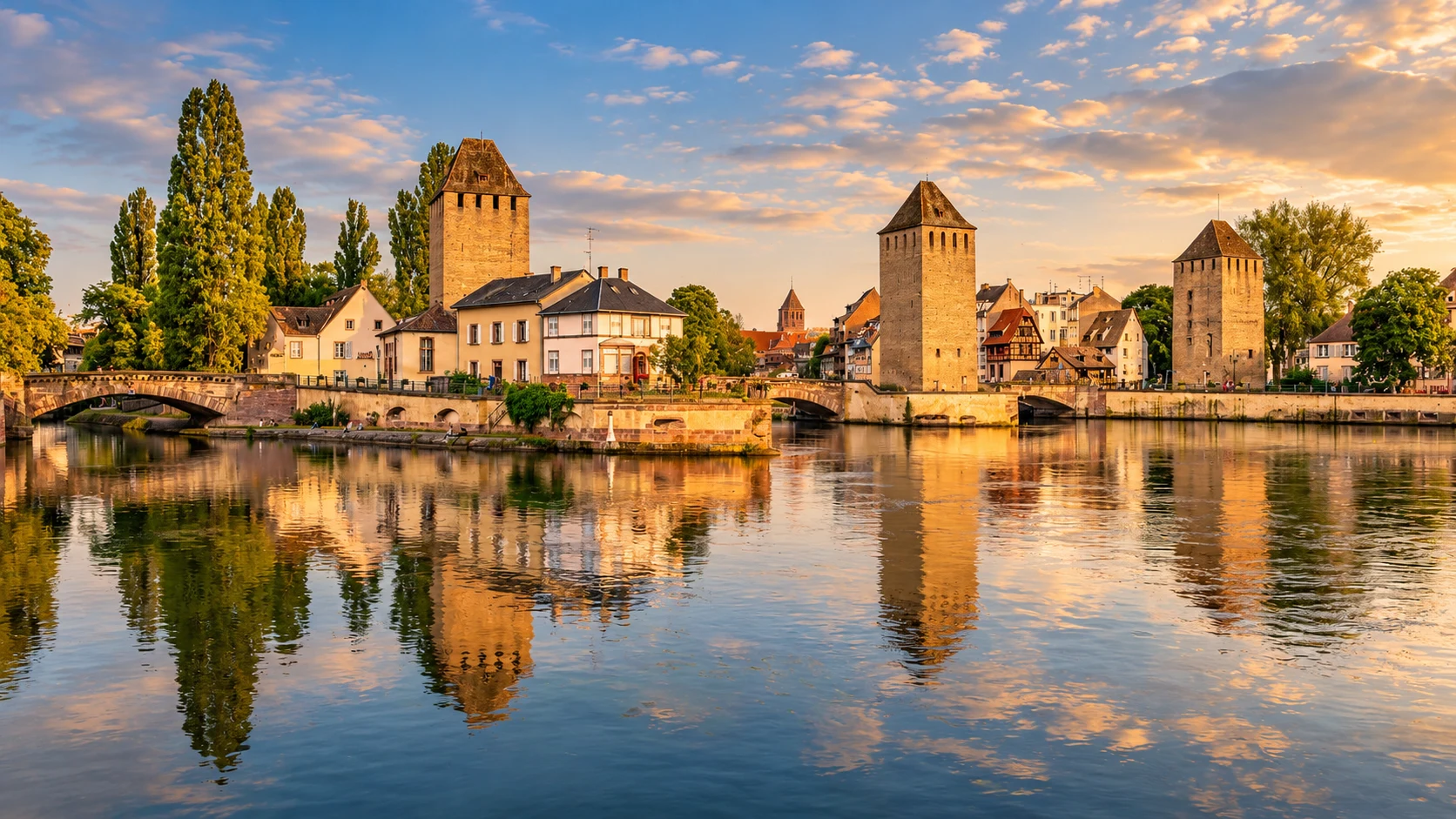 Panoramic view of Strasbourg’s Covered Bridges and three medieval towers reflected in the River Ill, Alsace.