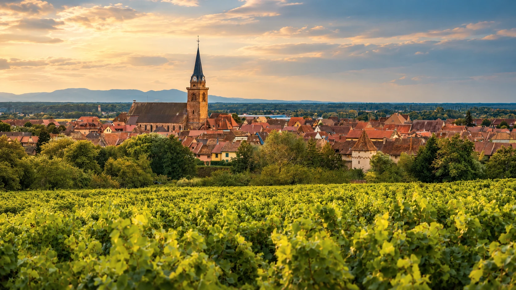 Panoramic view of Bergheim, its traditional rooftops and church, surrounded by Alsatian vineyards, with the Vosges mountains on the horizon.